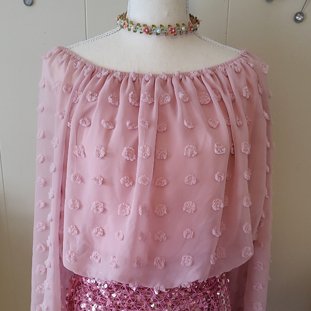 Fairycore Pink Balloon Shirt Lantern Sleeve Fuzzy Dots  Size Small
